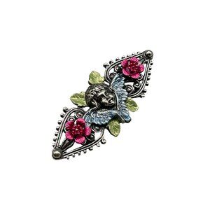 Vintage 1928 Brand Pin Brooch Angel and Roses Silver Tone and Colorful Flowers